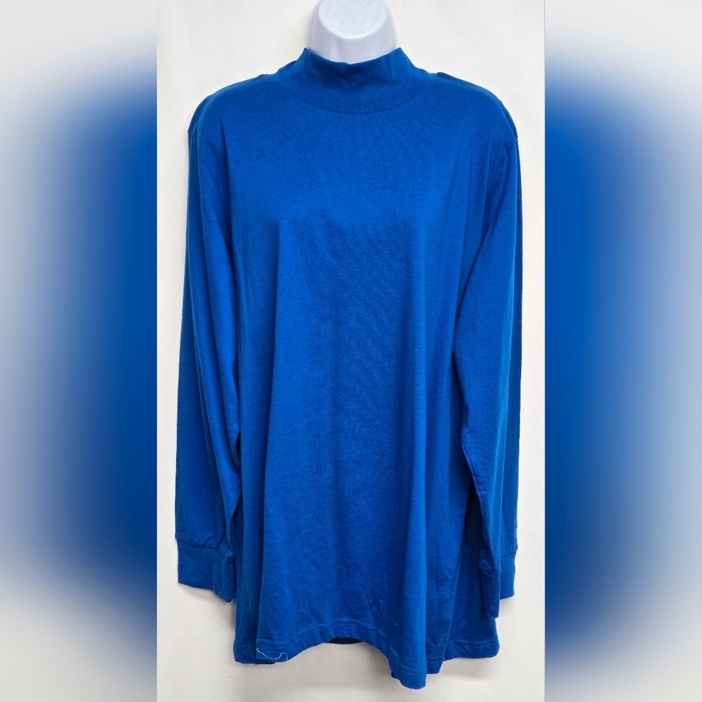 Roaman's 1X Blue Mock Neck Top Long Sleeve Pullover 100% Cotton